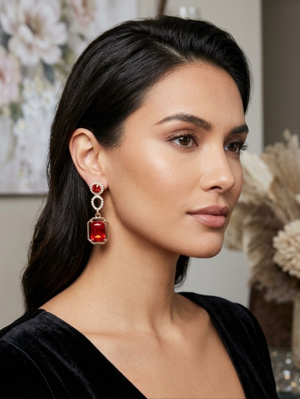 New Women's Red Crystal Drop Gold Statement Cocktail Earrings Jewelry - Picture 4 of 13